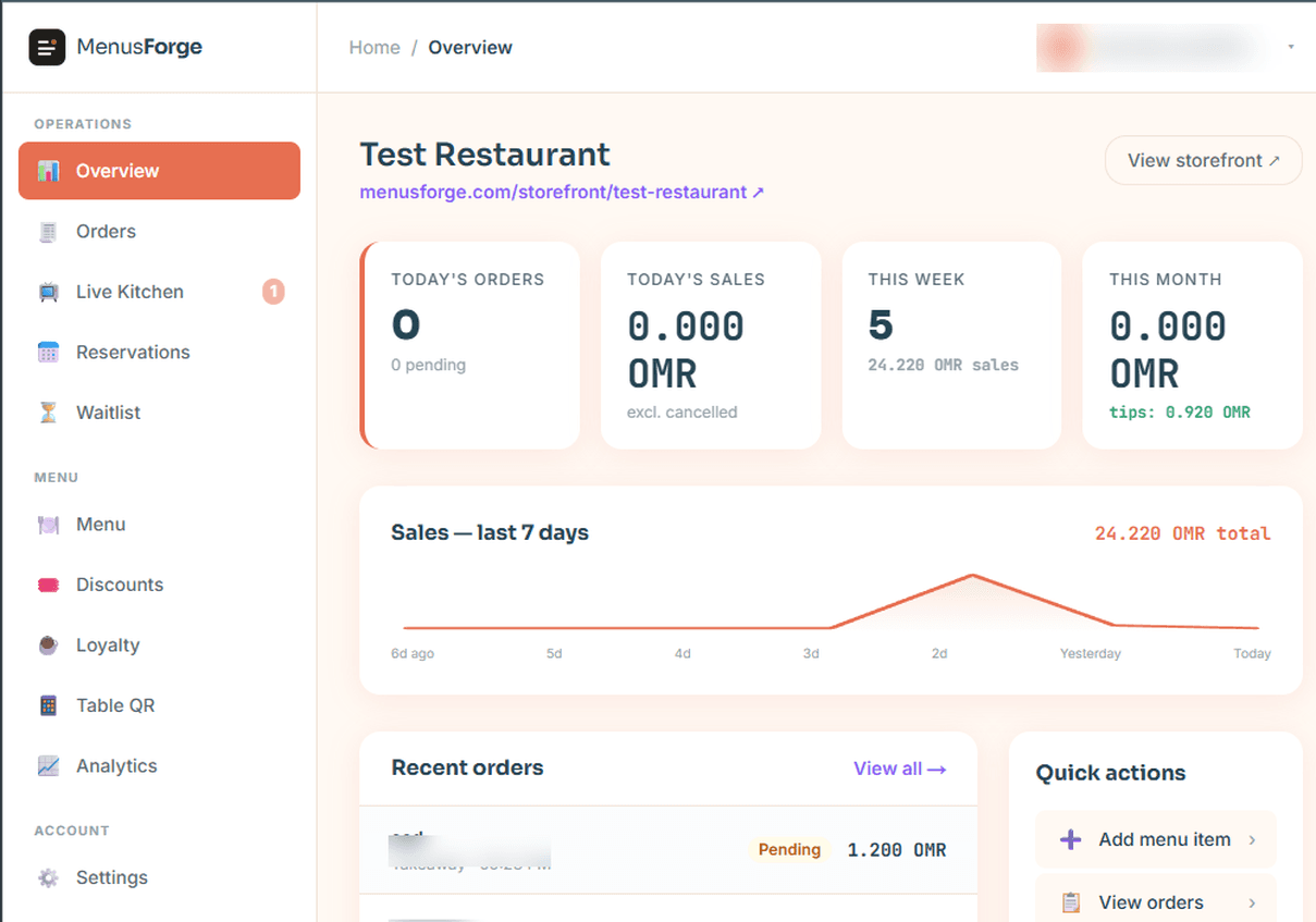 MenusForge dashboard — order stats, live orders, and menu management